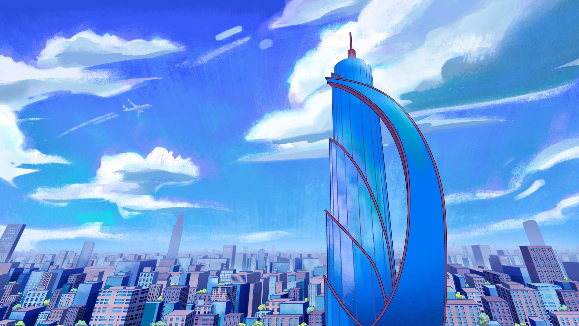 Daytime background layout and paint of a building in a city for a 2D animated series.