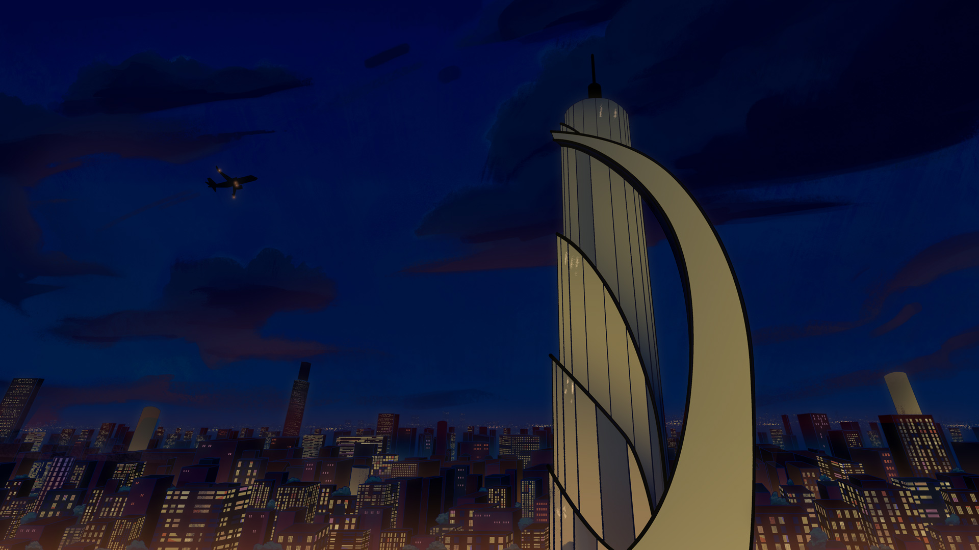 Nighttime background layout and paint of a building in a city for a 2D animated series.