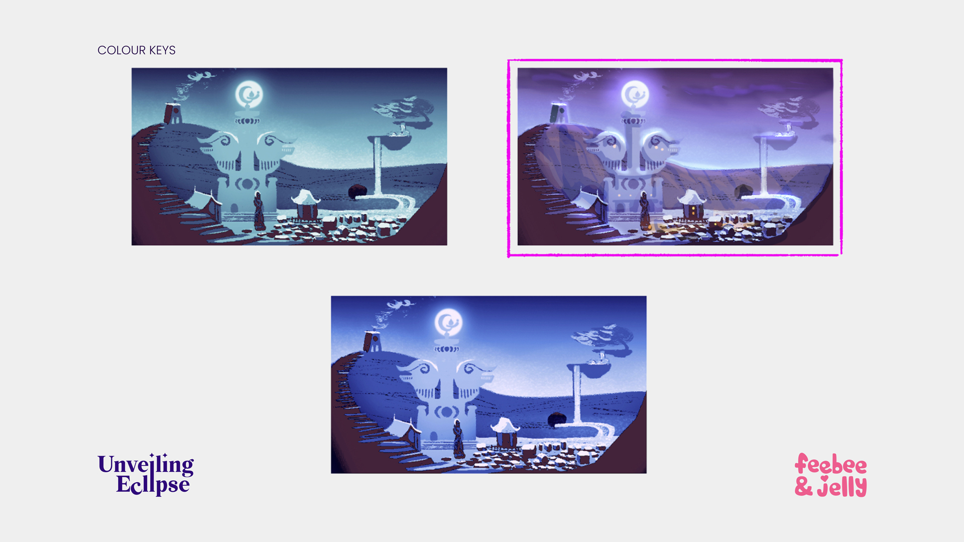 Colour keys for the establishing shot of the Moon Nation in a 2D animated show Unveiling Eclipse..