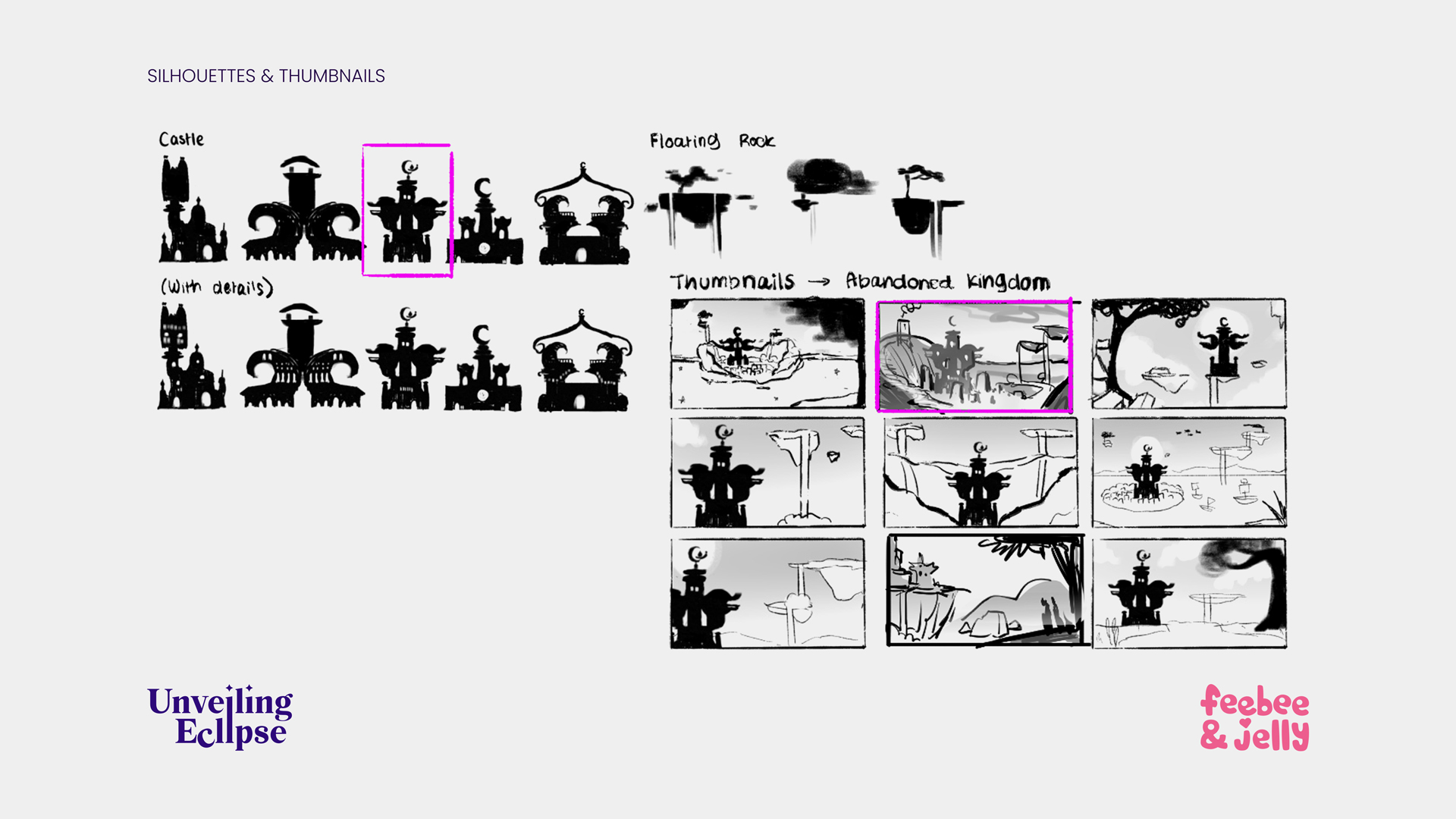 Silhouettes and thumbnails for the establishing shot of the Moon Nation in a 2D animated show Unveiling Eclipse.