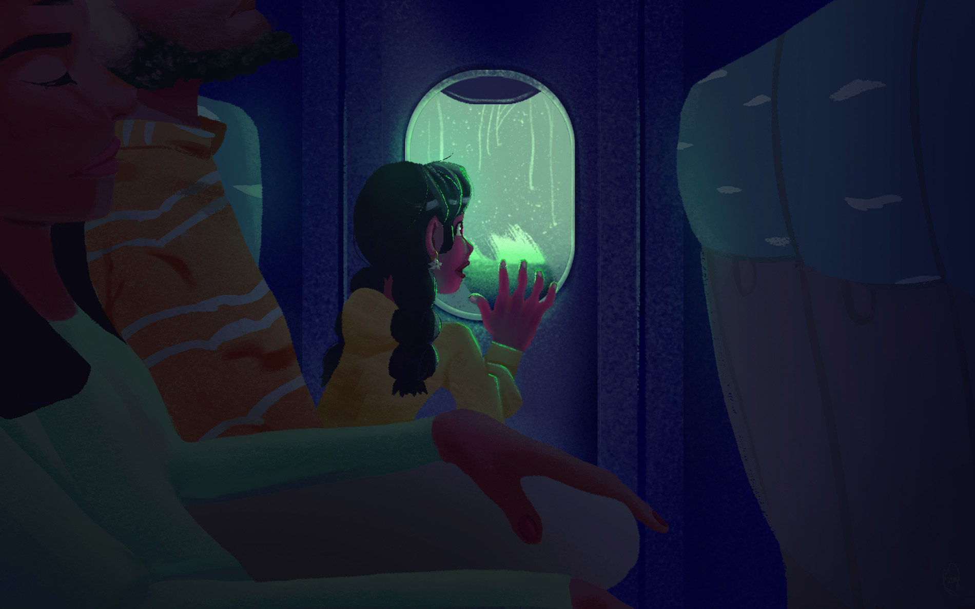 First part of an illustrated image pair connected by a narrative, where a little Indian girl looks out of a plane window upon seeing a bright light.